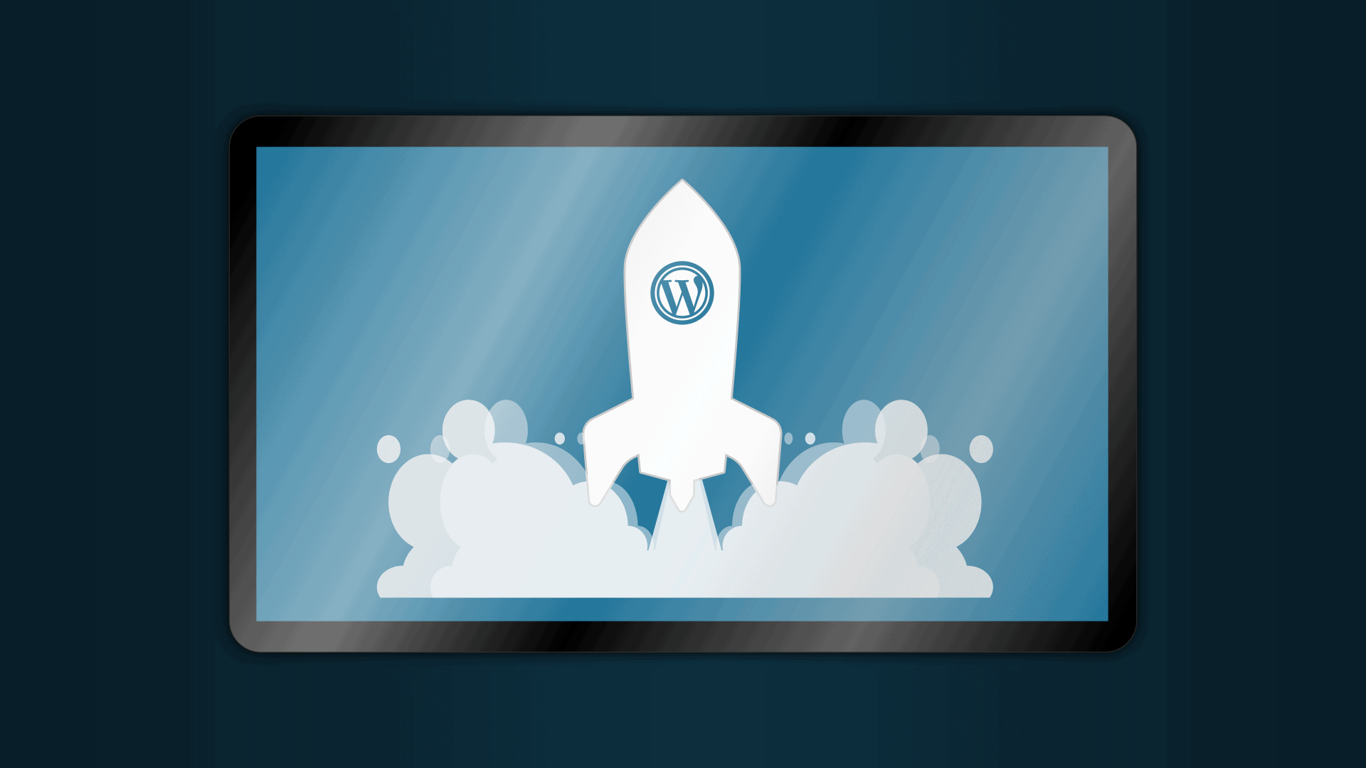 Illustration of a rocket launching on a digital screen, symbolizing web development and digital grow.