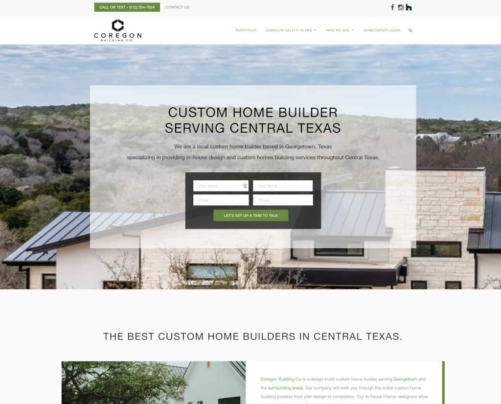 Custom home builder in Central Texas offering tailored design and construction services.